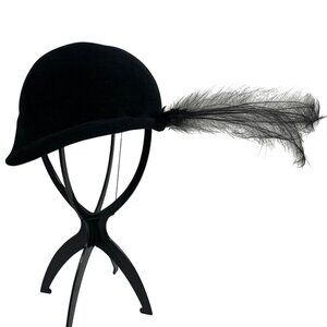 VTG Ranel Black Cloche Glory Imported Velour Hat w/ Feather Accent Chin Strap OS